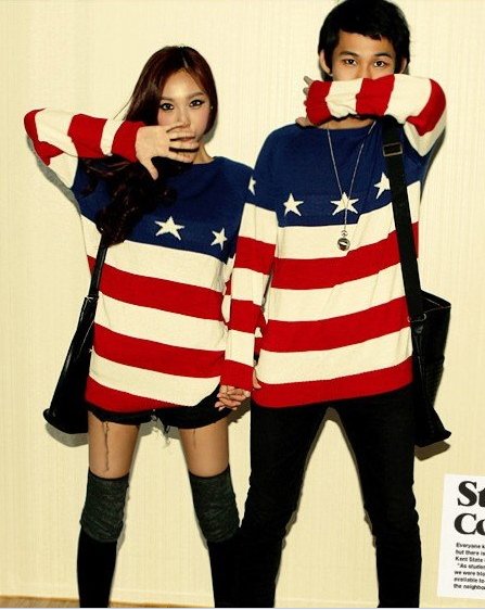 2012 Autumn Winters Sweater Women Or Men Five-Pointed Star Flag Shape Red And White Blue Stripe Couple Knitted Sweater Retail