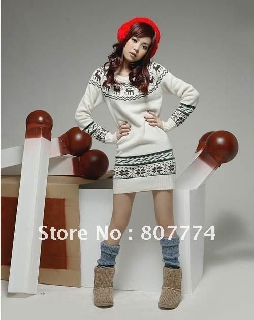 2012 Autumn Women Deer Pattern Sweater Dress Crew Neck Basic Mini White Pullover Freeshipping