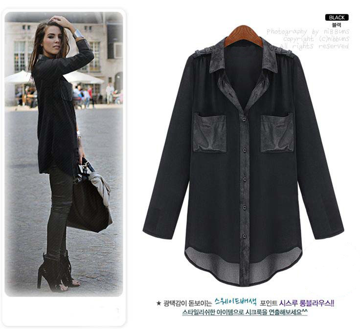 2012 Autumn Women European Fashion Casual Chiffon Black Long Sleeve Blouse/Plus Size Ladies Tops-E024 XL/XXL/XXXL Free Shipping