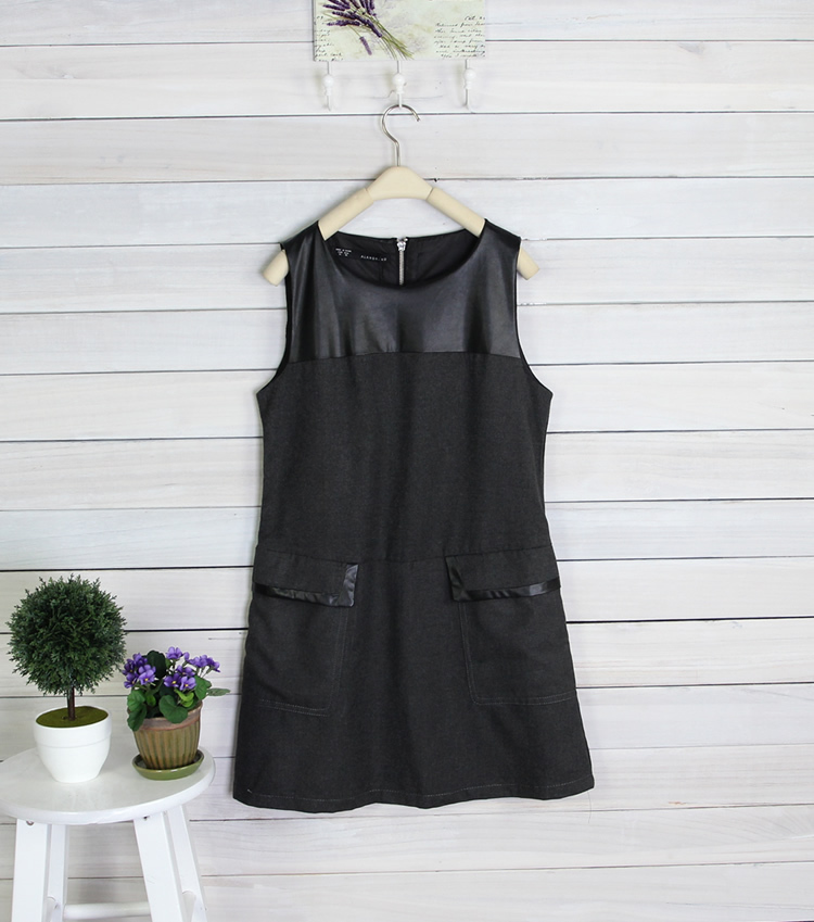 2012 autumn Women faux leather patchwork big pocket back zipper double layer mix match tank dress - f13