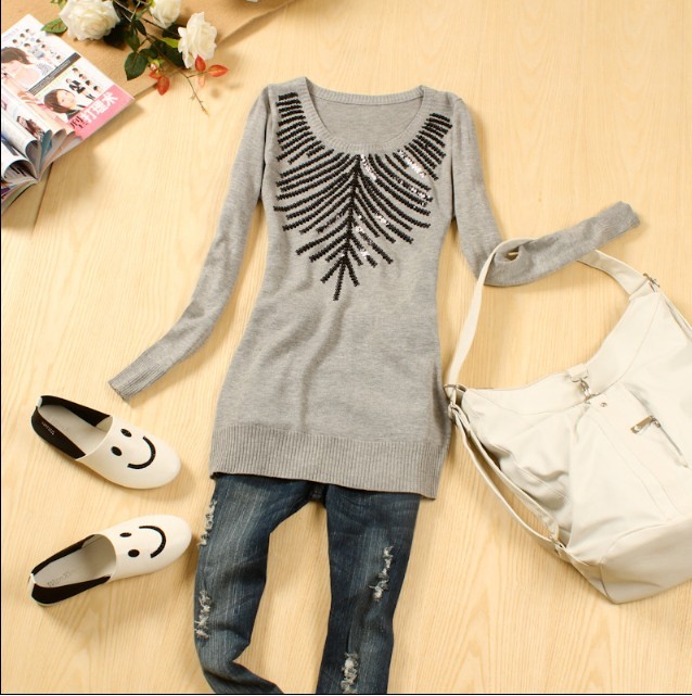 2012 autumn women outerwear leaves paillette long-sleeve low medium-long knitted basic shirt sweater