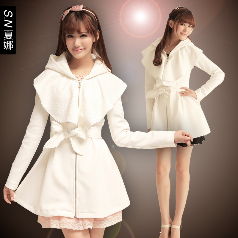 2012 autumn women outerwear white hooded ruffle slim trench female 4337