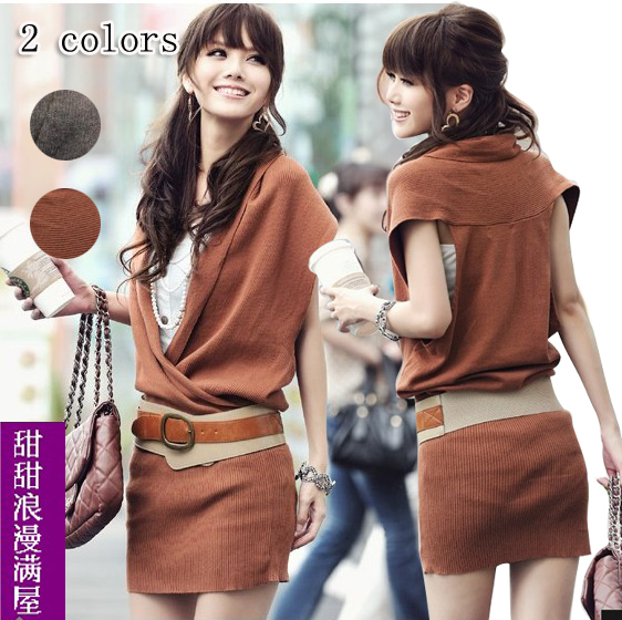 2012 autumn women's 99055 fashion elegant deep v neck wool knitted sleeveless dress belt
