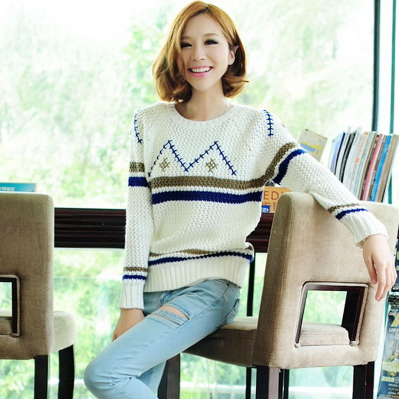 2012 autumn women's all-match school wear cutout wide stripe knitted sweater paragraph