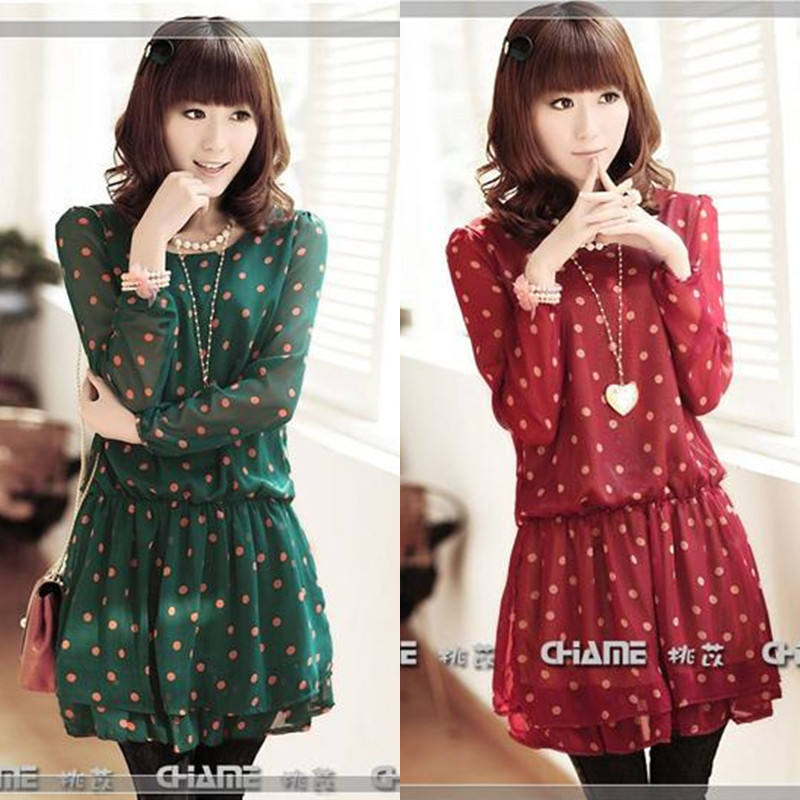 2012 autumn women's basic dot polka dot long-sleeve o-neck chiffon skirt one-piece dress