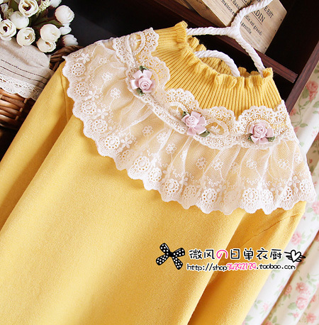 2012 autumn women's big lace stand collar slim knitted basic shirt top