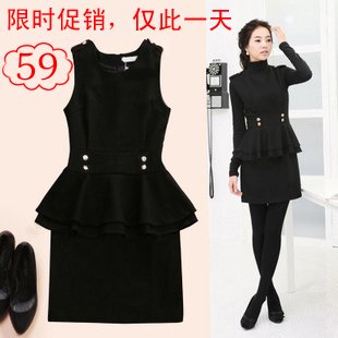 2012 autumn women's black slim vest one-piece dress plus size woolen one-piece dress