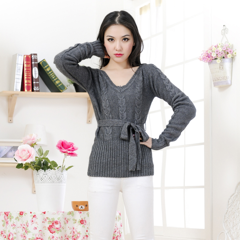 2012 autumn women's casual loose thickening before and after lacing V-neck long-sleeve sweater basic shirt 048