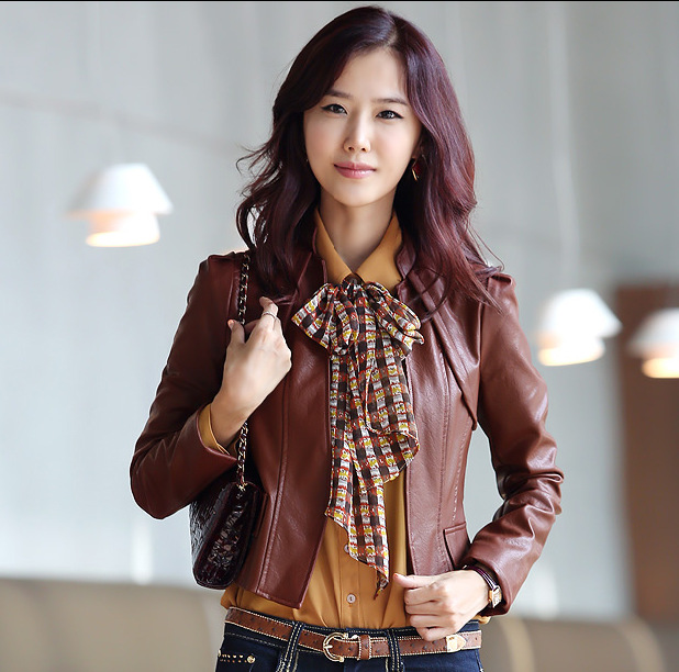 2012 autumn women's design short outerwear stand collar slim PU women's small leather motorcycle clothing female