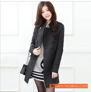 2012 autumn women's double breasted wool coat stand collar slim trench woolen outerwear