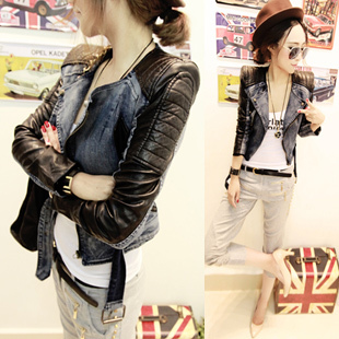 2012 autumn women's fashion cardigan casual patchwork leather slim zipper denim coat short jacket