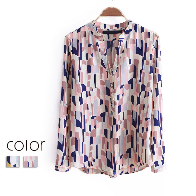 2012 autumn women's fashion female color block loose stand collar long-sleeve chiffon shirt top wc986