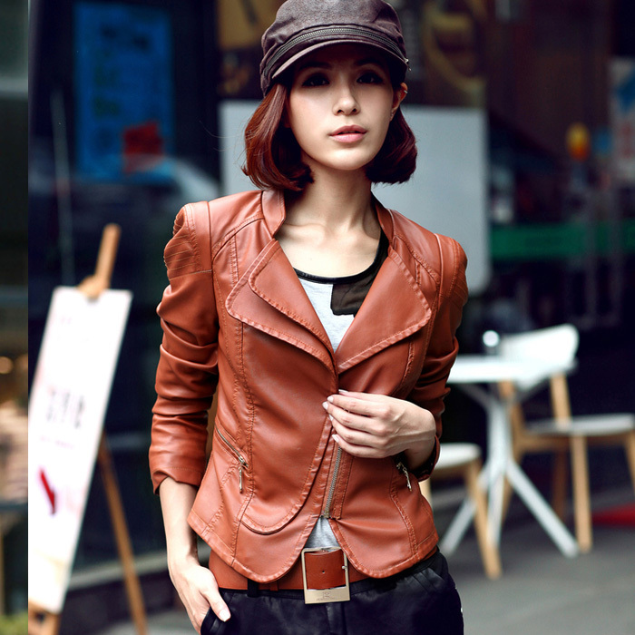 2012 autumn women's fashion handsome slim double layer collar stand collar small leather clothing short jacket