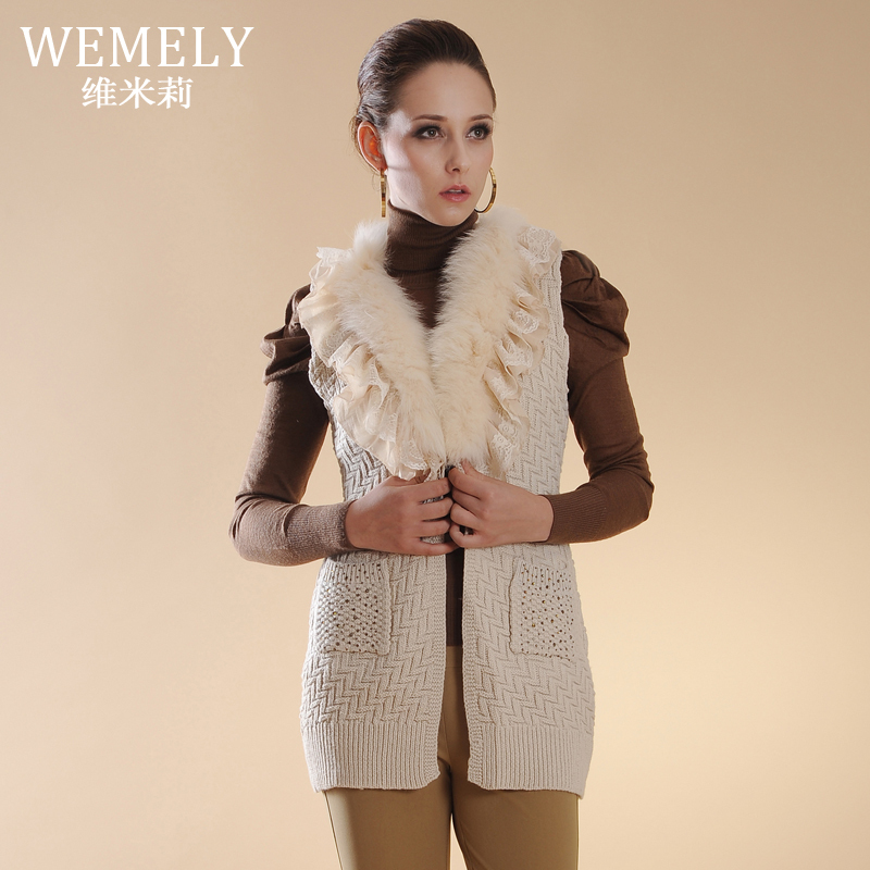 2012 autumn women's fashion high quality fox fur wool sleeveless cardigan sweater outerwear