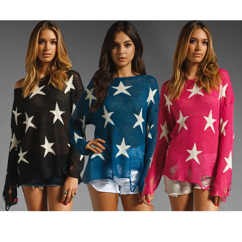 2012 autumn women's fashion vintage cutout hole print o-neck long-sleeve pentagram sweater