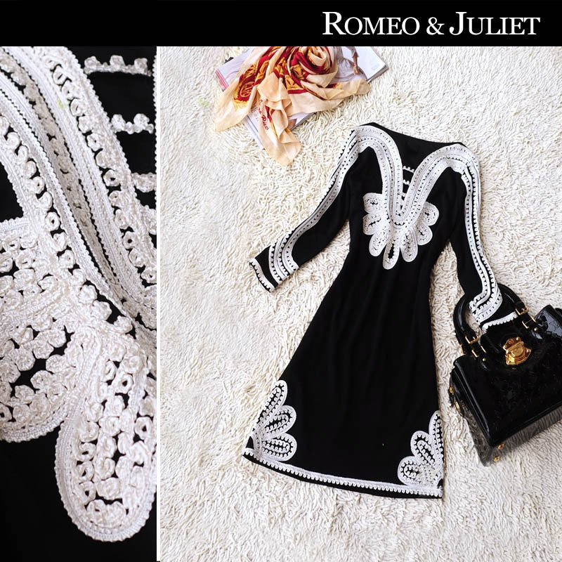 2012 autumn women's fashion vintage national trend hand flower slim knitted cotton one-piece dress