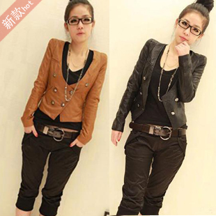 2012 autumn women's fashionable casual slim fashion three button leather clothing water wash PU leather coat free shipping