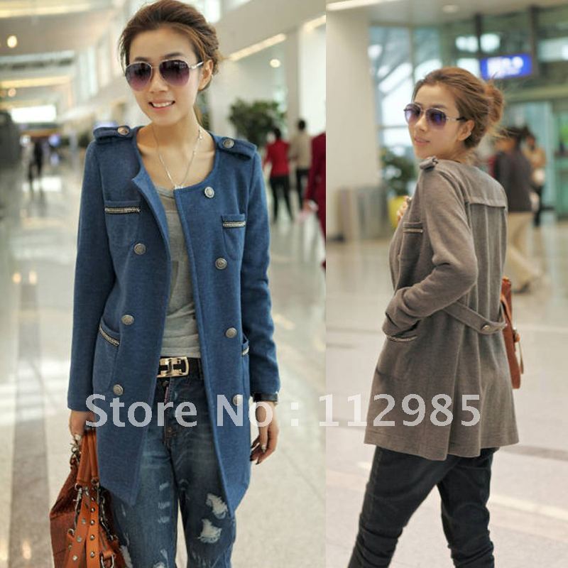 2012 autumn women's gentlewomen fashion double breasted o-neck medium-long solid color thin trench outerwear