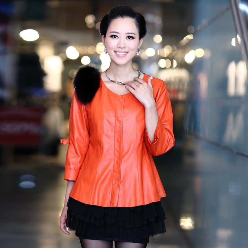 2012 autumn women's genuine leather sheepskin leather clothing fox fur decoration lace skirt sweep