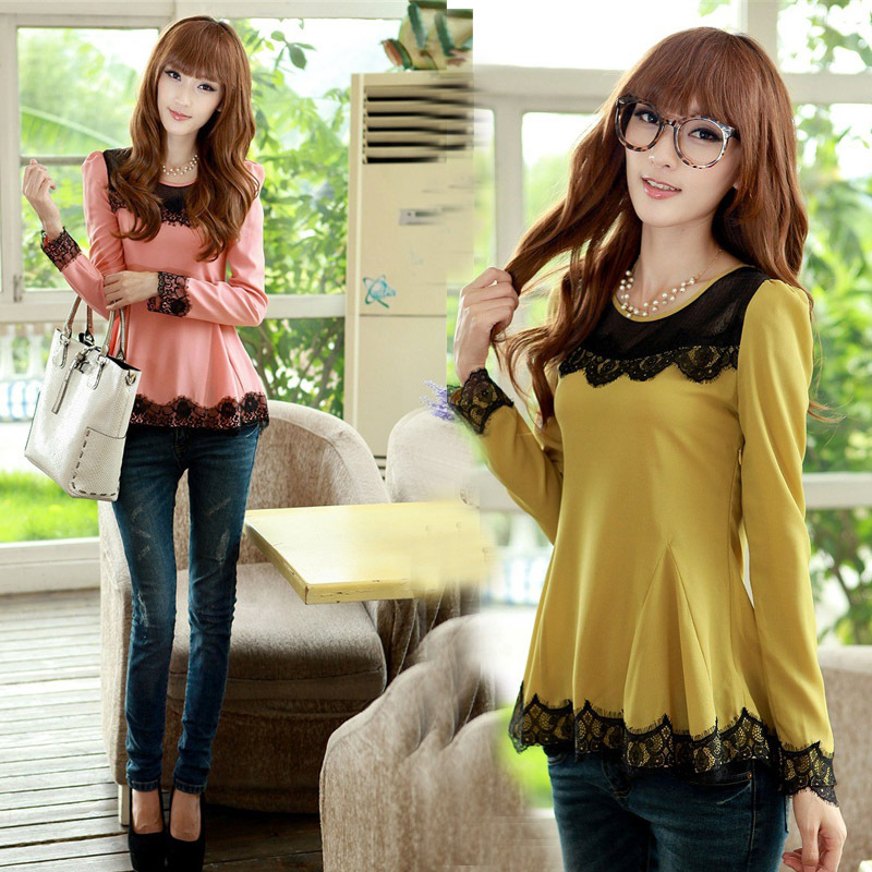 2012 autumn women's lace chiffon plus size peter pan collar slim sweet fashion long-sleeve shirt blouses-Free Shipping
