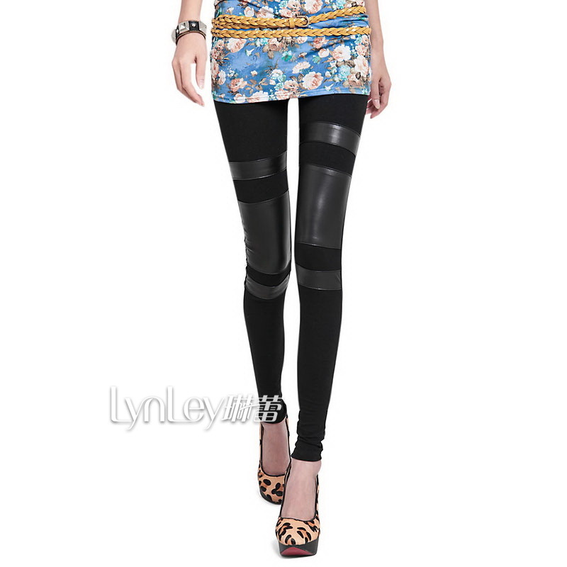 2012 autumn women's legging black ring faux leather cotton cloth patchwork