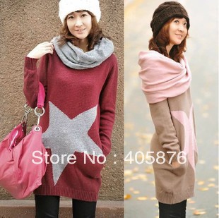 2012 autumn women's long-sleeve outerwear medium-long slim five-pointed star sweater muffler scarf