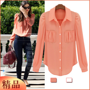 2012 autumn women's long-sleeve shirt solid color chiffon top OL outfit loose plus size clothing