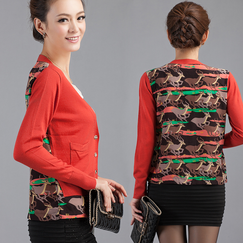2012 autumn women's loose thin outerwear silk patchwork medium-long sweater cardigan