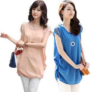 2012 autumn women's medium-long loose T-shirt elegant chiffon shirt top summer short-sleeve