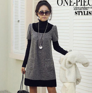 2012 autumn women's o-neck grey short-sleeve plus size woolen one-piece dress
