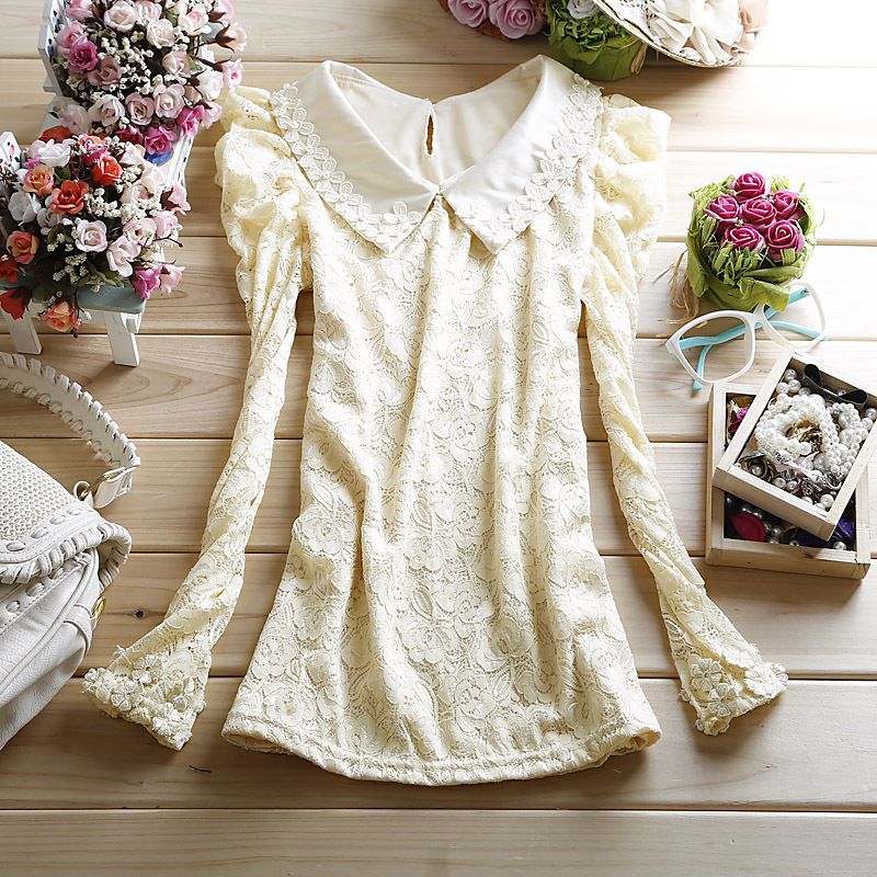 2012 autumn women's ol elegant flower patchwork double layer lace shirt long-sleeve peter pan collar basic shirt