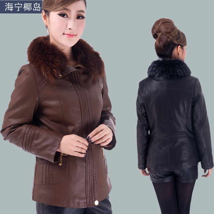 2012 autumn women's quinquagenarian leather clothing short design fur collar plus cotton leather clothing women's leather jacket