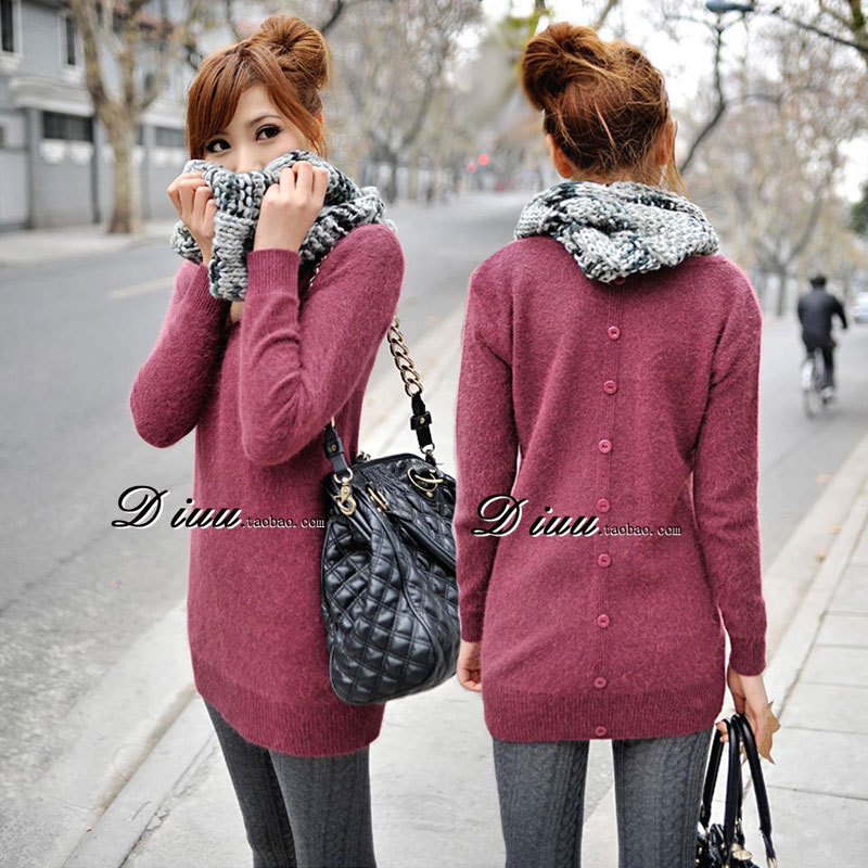 2012 autumn women's rabbit fur V-neck after buttons medium-long sweater female basic shirt