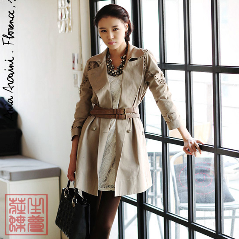 2012 autumn women's rivet slim medium-long outerwear women's trench 8001