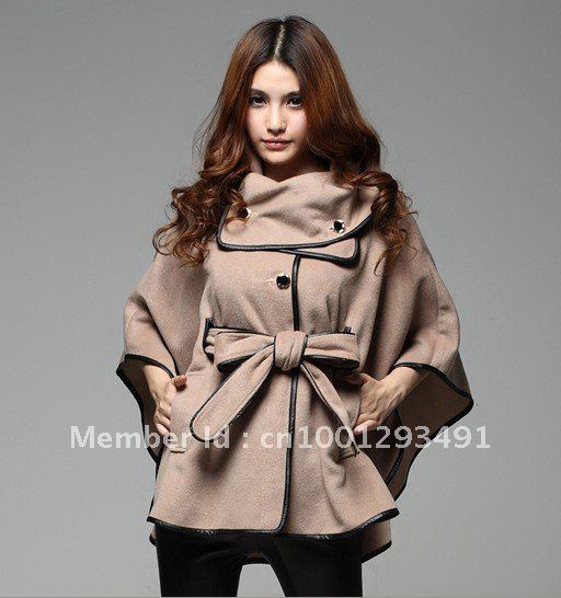 2012 autumn women's sheep trophonema wool coat outerwear cloak cape PU belt trench coat