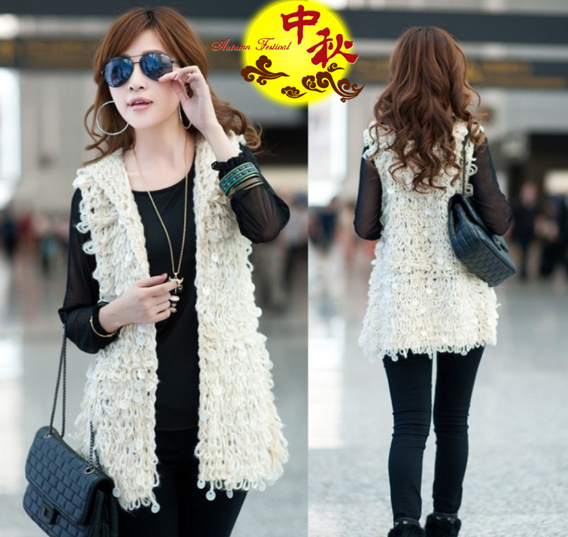 2012 autumn women's slim long design vintage sweater female knitted cardigan paillette vest