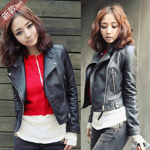 2012 autumn women's slim long-sleeve stand collar water wash PU clothing black zipper outerwear free shipping