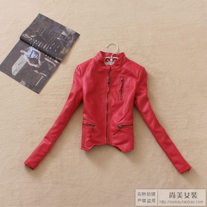 2012 autumn women's small stand collar fashion short design slim motorcycle leather clothing leather jacket black red