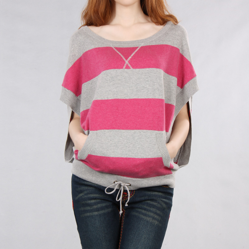 2012 autumn women's stripe loose sleeveless low o-neck applellant rope set sweater Free shipping