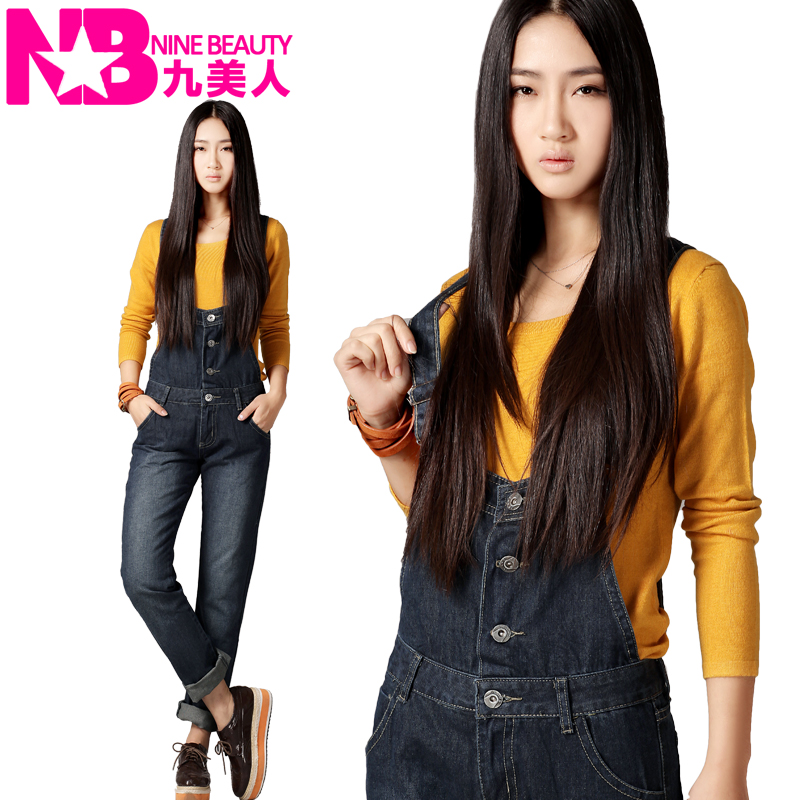 2012 autumn women's suspenders jeans straight pants plus size loose high waist pants