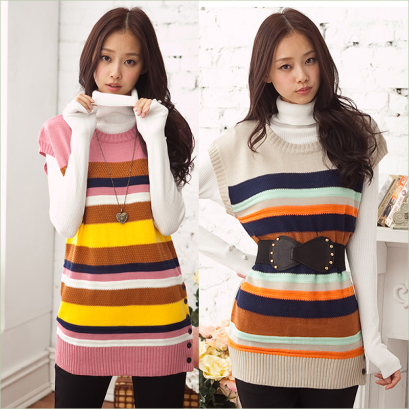 2012 autumn women's sweater vest loose medium-long color block multicolour stripe knitted sweater