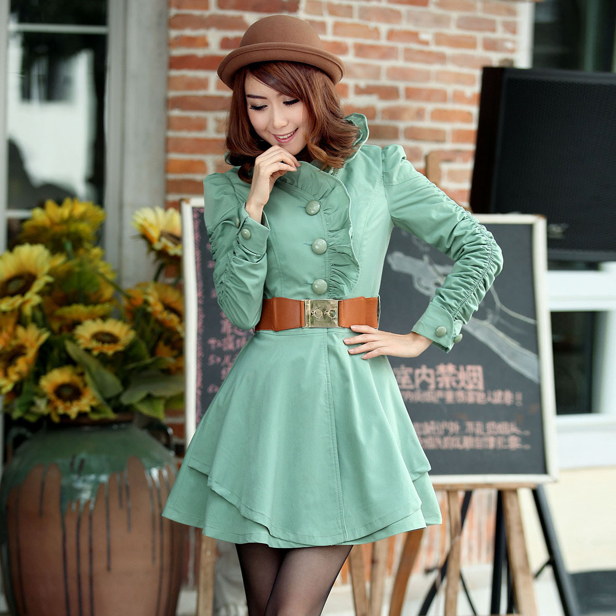 2012 autumn women's sweet elegant ruffle hem long single breasted slim trench design outerwear