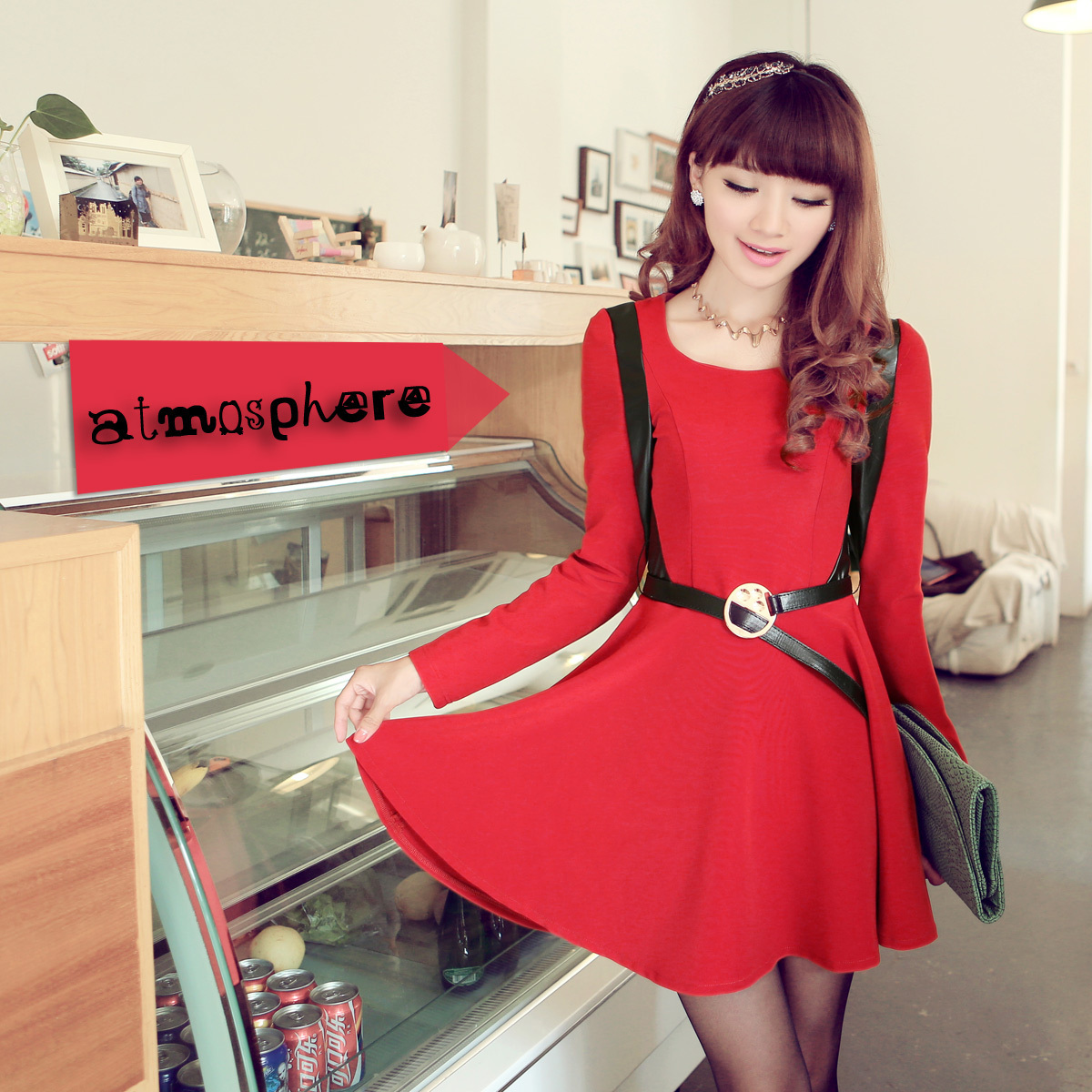 2012 autumn women's sweet personality leather decoration long-sleeve knitted one-piece dress short skirt belt
