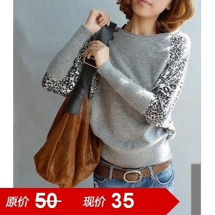 2012 autumn women's thin low o-neck leopard print fashion batwing sleeve outerwear sweater female