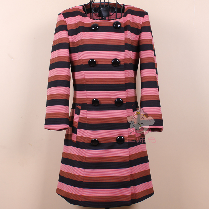 2012 autumn women's v stripe color block o-neck slim double breasted trench outerwear female