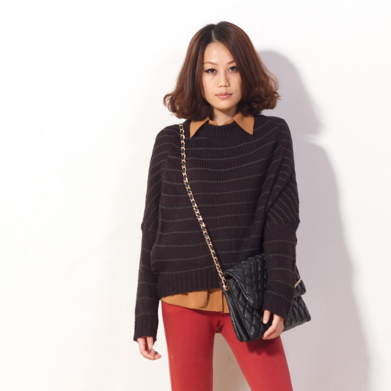2012 autumn women's vintage antique horizontal stripe loose women's batwing sleeve sweater short design