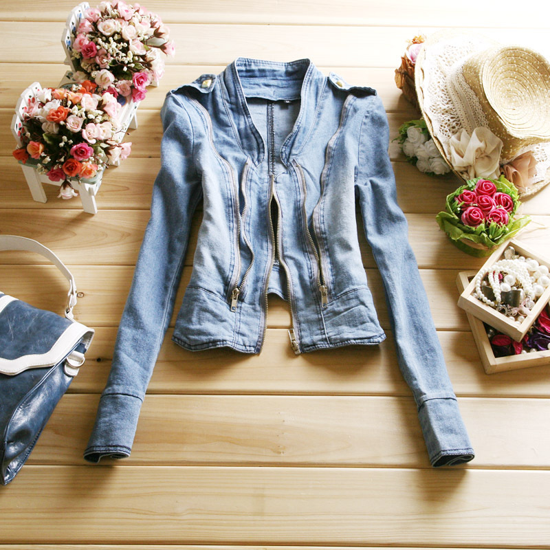 2012 autumn women's vintage slim water wash short design stand collar denim outerwear denim coat