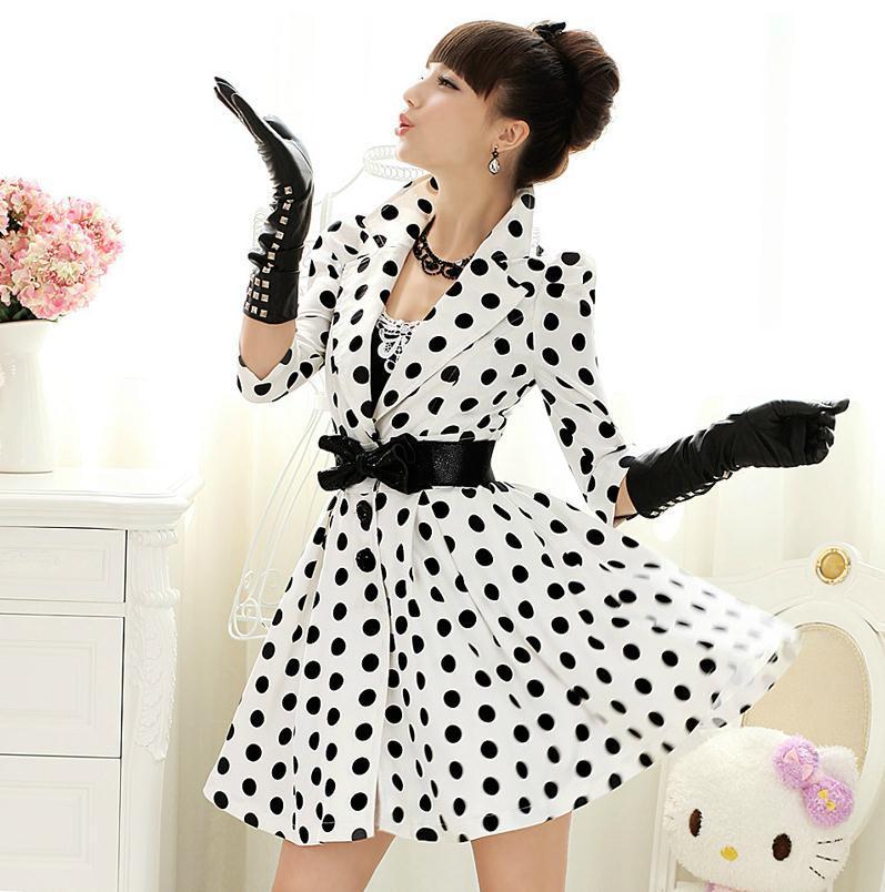 2012 autumn women's white and black polka dot half sleeve big skirt slim trench women outerwear