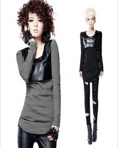 2012 Autumn Zipper Ornament Leather Patchwork T shirts 80%Cotton+20%Polyester T-shirts