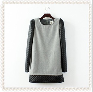 2012 ayomi autumn and winter woolen one-piece dress patchwork leather all-match 8212 long-sleeve dress